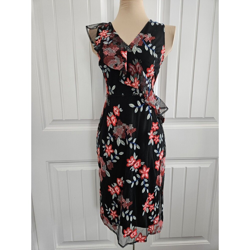 Sam Edelman Floral Embroidered Mesh Ruffle Column Sheath Dress Sz 4 Asymmetrical
